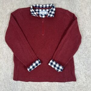 ORVIS Womens Trimmed 1/4 Zip Sweatshirt Sz M Red Plaid Flip Cuff Pullover